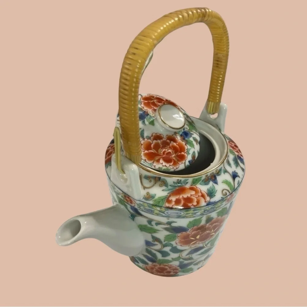 Vintage Takahashi Style Japanese Porcelain Teapot Bamboo Handle Peony Sakura